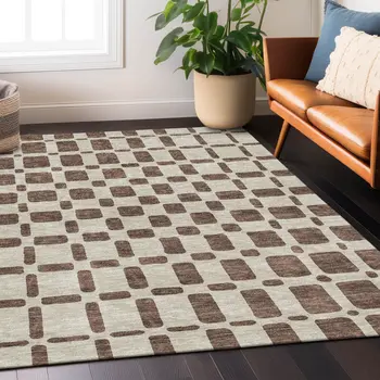 9' X 12' Brown And Beige Geometric Washable Indoor Outdoor Area Rug