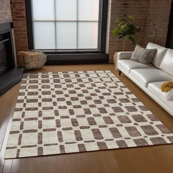 9' X 12' Brown And Beige Geometric Washable Indoor Outdoor Area Rug