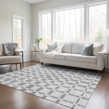 3' X 5' Gray And Ivory Geometric Washable Indoor Outdoor Area Rug