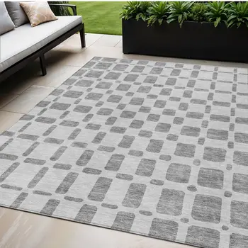 5' X 8' Gray And Ivory Geometric Washable Indoor Outdoor Area Rug
