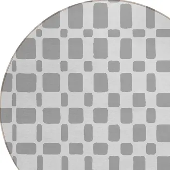 8' Gray And Ivory Round Geometric Washable Indoor Outdoor Area Rug