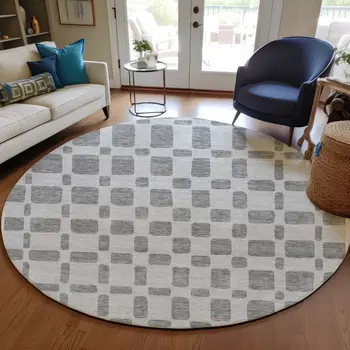 8' Gray And Ivory Round Geometric Washable Indoor Outdoor Area Rug