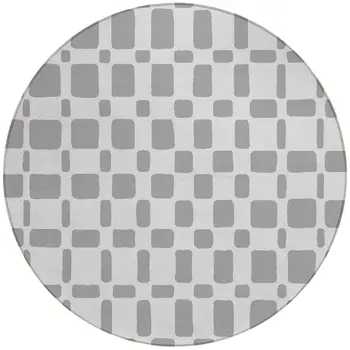8' Gray And Ivory Round Geometric Washable Indoor Outdoor Area Rug