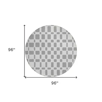 8' Gray And Ivory Round Geometric Washable Indoor Outdoor Area Rug