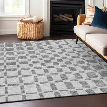 8' X 10' Gray And Ivory Geometric Washable Indoor Outdoor Area Rug