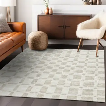 3' X 5' Ivory And Brown Geometric Washable Indoor Outdoor Area Rug