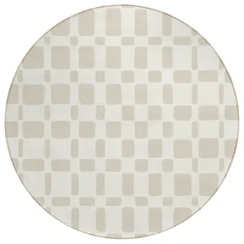 8' Ivory And Brown Round Geometric Washable Indoor Outdoor Area Rug