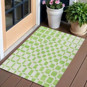 3' X 5' Lime Green And Ivory Geometric Washable Indoor Outdoor Area Rug