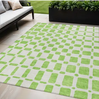 5' X 8' Lime Green And Ivory Geometric Washable Indoor Outdoor Area Rug