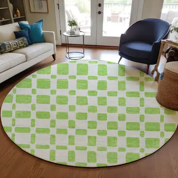 8' Lime Green And Ivory Round Geometric Washable Indoor Outdoor Area Rug