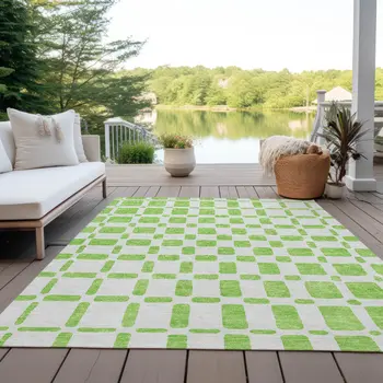 8' X 10' Lime Green And Ivory Geometric Washable Indoor Outdoor Area Rug