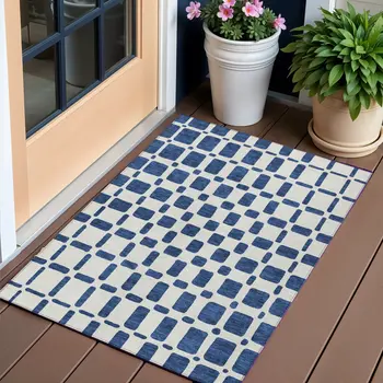 3' X 5' Navy Blue And Ivory Geometric Washable Indoor Outdoor Area Rug