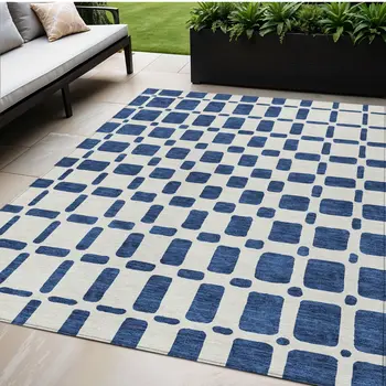 5' X 8' Navy Blue And Ivory Geometric Washable Indoor Outdoor Area Rug