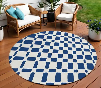 8' Navy Blue And Ivory Round Geometric Washable Indoor Outdoor Area Rug