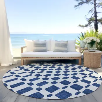 8' Navy Blue And Ivory Round Geometric Washable Indoor Outdoor Area Rug