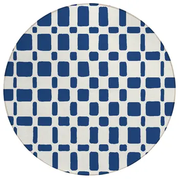 8' Navy Blue And Ivory Round Geometric Washable Indoor Outdoor Area Rug