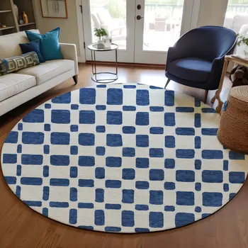 8' Navy Blue And Ivory Round Geometric Washable Indoor Outdoor Area Rug