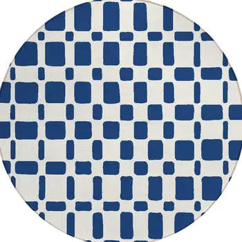 8' Navy Blue And Ivory Round Geometric Washable Indoor Outdoor Area Rug