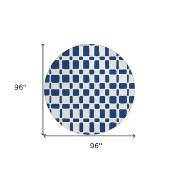 8' Navy Blue And Ivory Round Geometric Washable Indoor Outdoor Area Rug