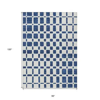 8' X 10' Navy Blue And Ivory Geometric Washable Indoor Outdoor Area Rug