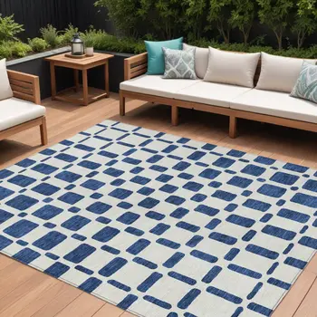 10' X 14' Navy Blue And Ivory Geometric Washable Indoor Outdoor Area Rug