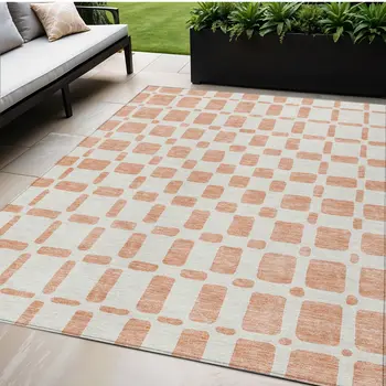 5' X 8' Peach And Beige Geometric Washable Indoor Outdoor Area Rug