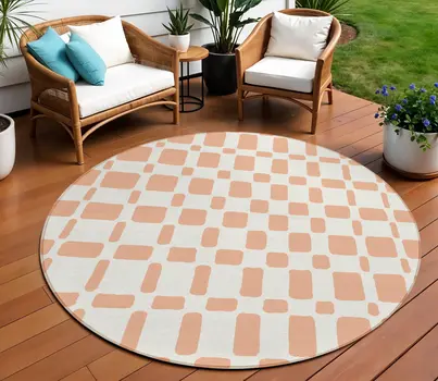 8' Peach And Beige Round Geometric Washable Indoor Outdoor Area Rug