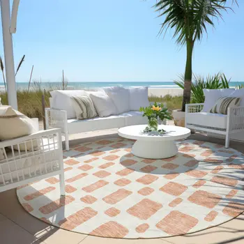 8' Peach And Beige Round Geometric Washable Indoor Outdoor Area Rug