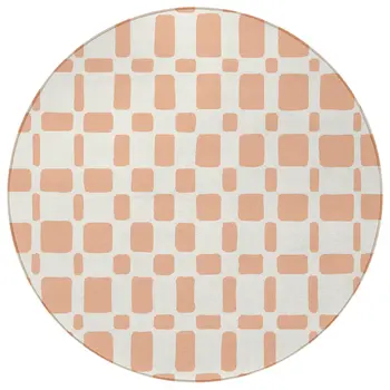 8' Peach And Beige Round Geometric Washable Indoor Outdoor Area Rug