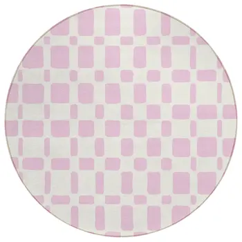 8' Pink And Ivory Round Geometric Washable Indoor Outdoor Area Rug