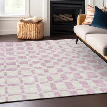 8' X 10' Pink And Ivory Geometric Washable Indoor Outdoor Area Rug
