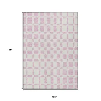 9' X 12' Pink And Ivory Geometric Washable Indoor Outdoor Area Rug