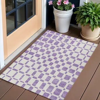 3' X 5' Purple And Ivory Geometric Washable Indoor Outdoor Area Rug