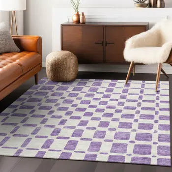 3' X 5' Purple And Ivory Geometric Washable Indoor Outdoor Area Rug