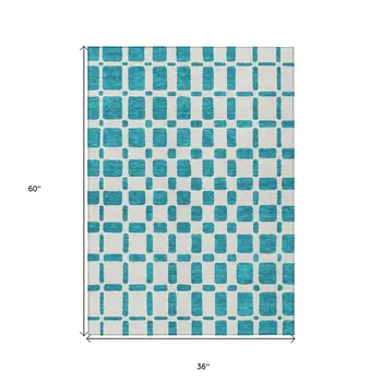 3' X 5' Teal Blue And Ivory Geometric Washable Indoor Outdoor Area Rug