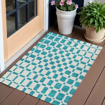 3' X 5' Teal Blue And Ivory Geometric Washable Indoor Outdoor Area Rug