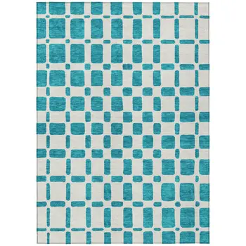 3' X 5' Teal Blue And Ivory Geometric Washable Indoor Outdoor Area Rug
