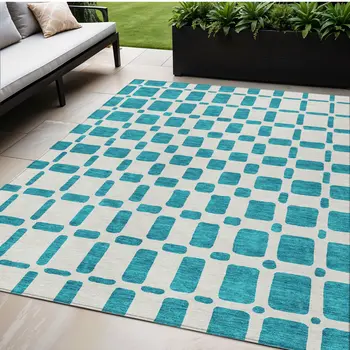 5' X 8' Teal Blue And Ivory Geometric Washable Indoor Outdoor Area Rug