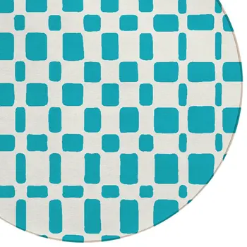 8' Teal Blue And Ivory Round Geometric Washable Indoor Outdoor Area Rug