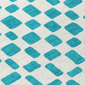 8' Teal Blue And Ivory Round Geometric Washable Indoor Outdoor Area Rug