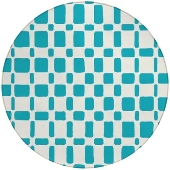 8' Teal Blue And Ivory Round Geometric Washable Indoor Outdoor Area Rug