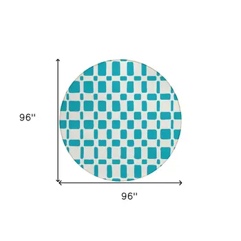 8' Teal Blue And Ivory Round Geometric Washable Indoor Outdoor Area Rug