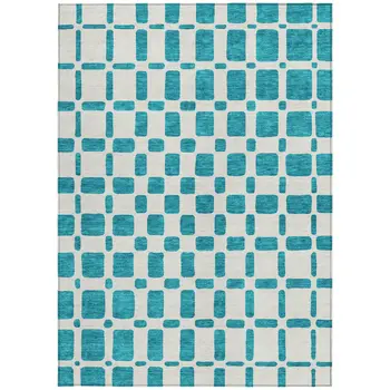 8' X 10' Teal Blue And Ivory Geometric Washable Indoor Outdoor Area Rug