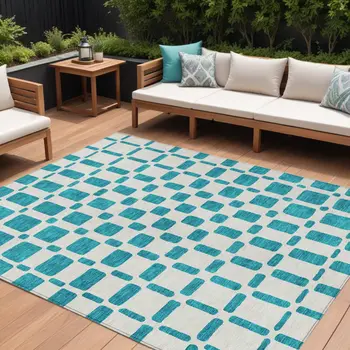 8' X 10' Teal Blue And Ivory Geometric Washable Indoor Outdoor Area Rug