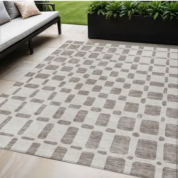 5' X 8' Taupe And Beige Geometric Washable Indoor Outdoor Area Rug