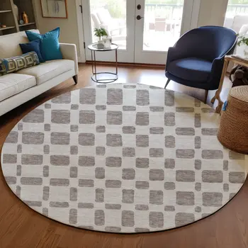 8' Taupe And Beige Round Geometric Washable Indoor Outdoor Area Rug