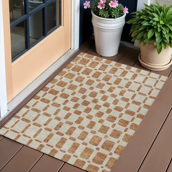 3' X 5' Terra Cotta And Beige Geometric Washable Indoor Outdoor Area Rug