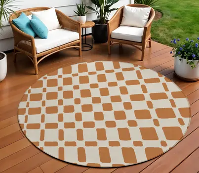 8' Terra Cotta And Beige Round Geometric Washable Indoor Outdoor Area Rug