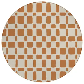 8' Terra Cotta And Beige Round Geometric Washable Indoor Outdoor Area Rug