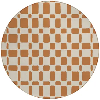 8' Terra Cotta And Beige Round Geometric Washable Indoor Outdoor Area Rug